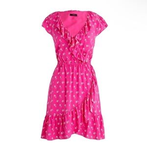 J. Crew Vibrant Fuchsia Pink V Neck Ruffle Floral Dress Hot Pink